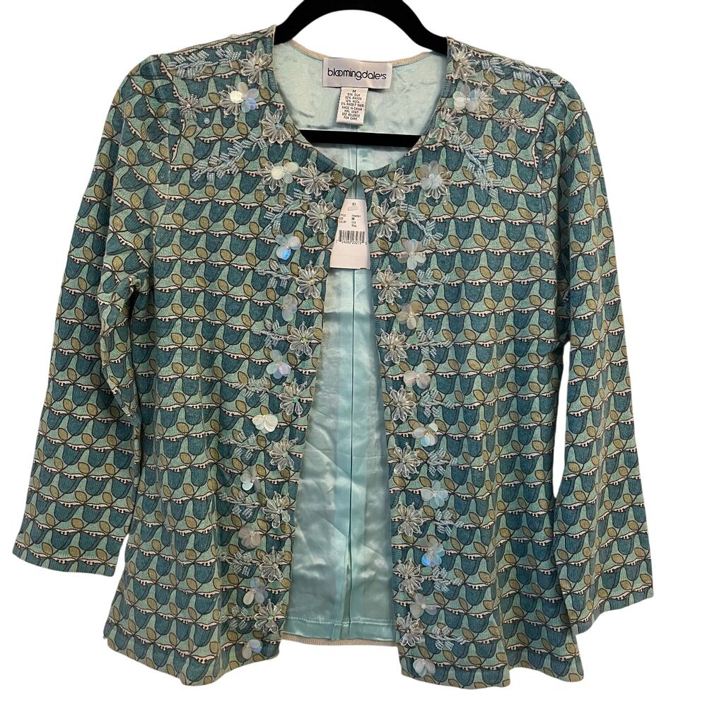 NWT Bloomingdales Open Cardigan M Floral Beaded Silk Wool Angora Teal Maximalist